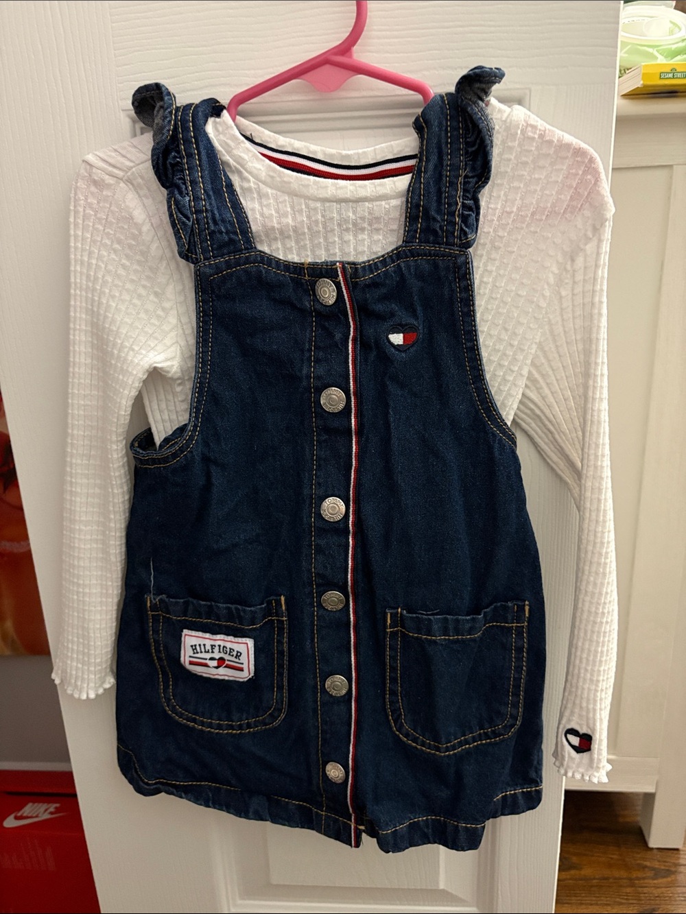 Tommy Hilfiger Navy Denim Pinafore Dress with White Top 3T